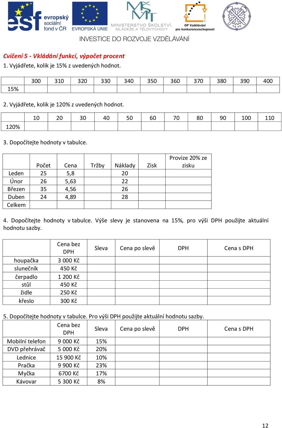 Počet Cena Tržby Náklady Zisk Leden 25 5,8 20 Únor 26 5,63 22 Březen 35 4,56 26 Duben 24 4,89 28 Celkem Provize 20% ze zisku 4. Dopočítejte hodnoty v tabulce.