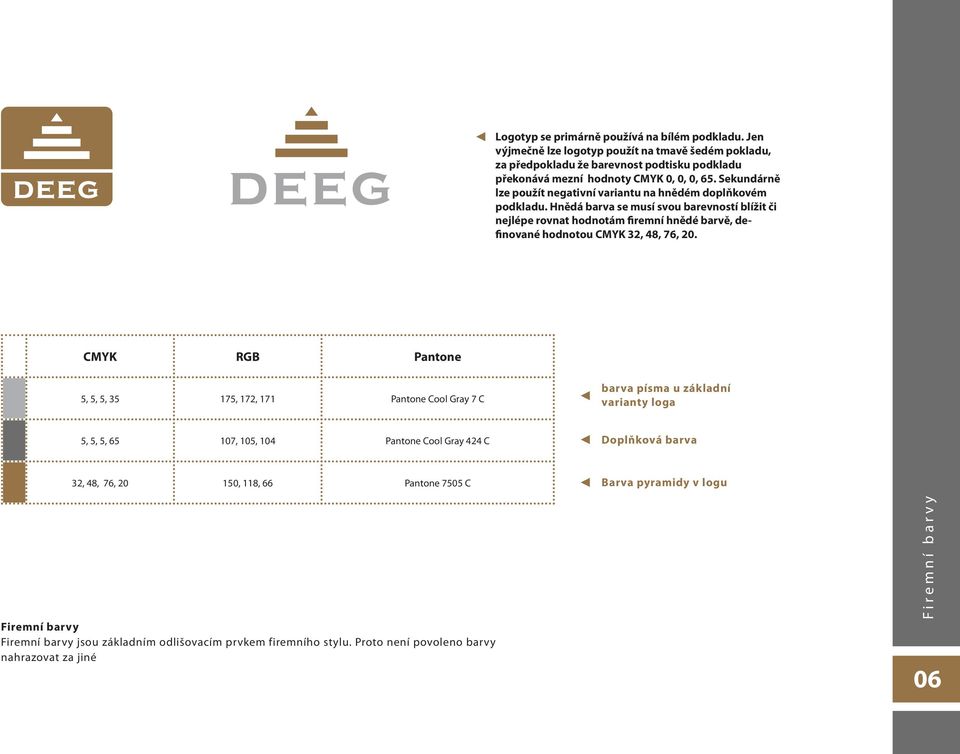 Hnědá barva se musí svou barevností blížit či nejlépe rovnat hodnotám firemní hnědé barvě, definované hodnotou CMYK 32, 48, 76, 20.