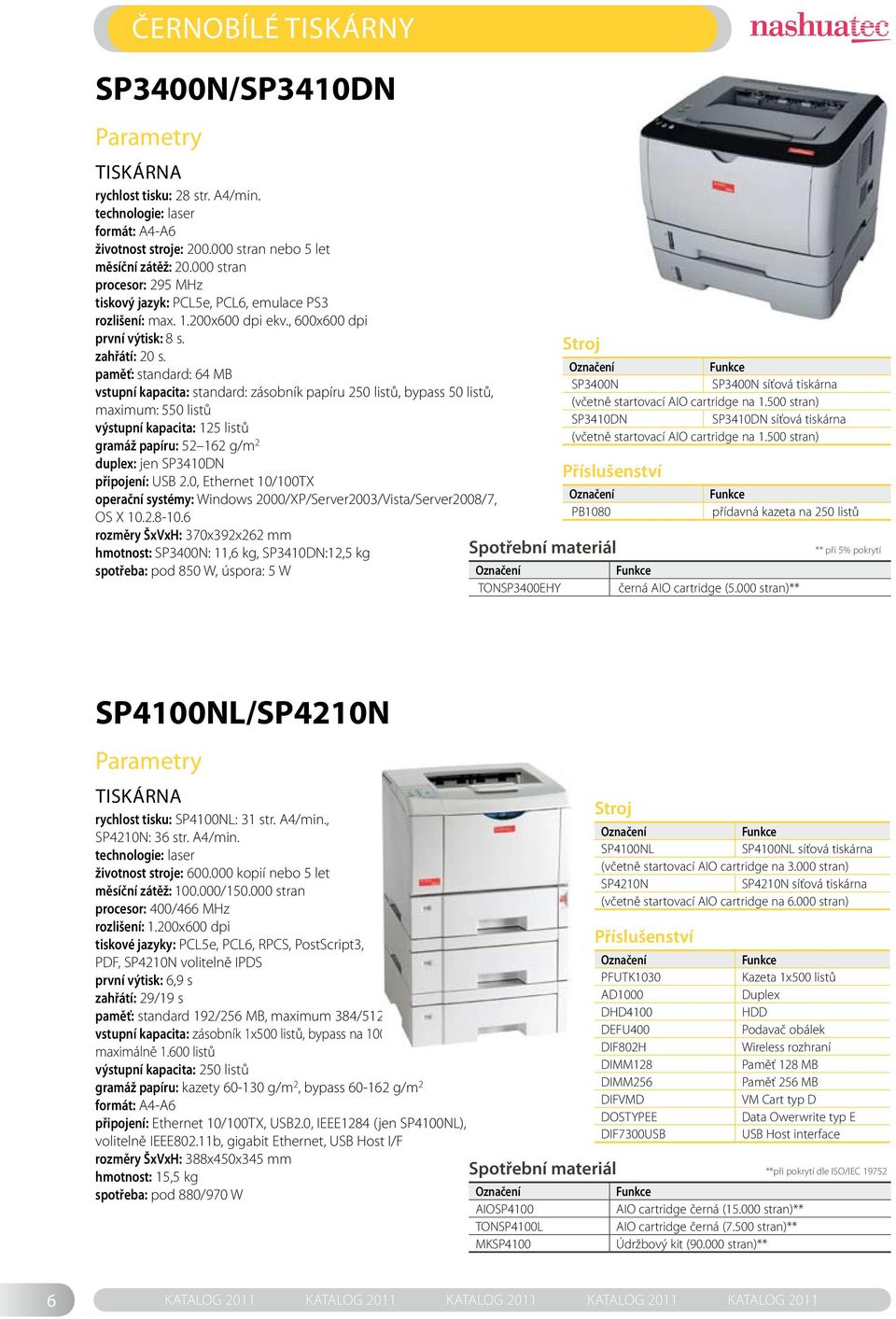 paměť: standard: 64 MB SP3400N SP3400N síťová tiskárna vstupní kapacita: standard: zásobník papíru 250 listů, bypass 50 listů, (včetně startovací AIO cartridge na 1.