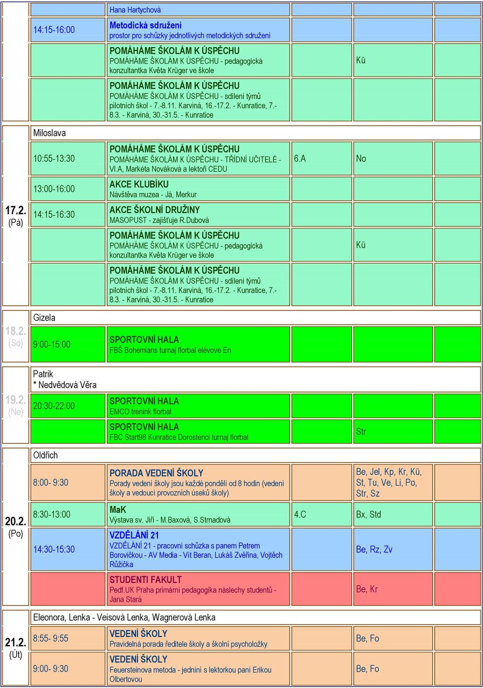 (Pá) 13:00-16:00 14:15-16:30 AKCE KLUBÍKU Návštěva muzea - Já, Merkur AKCE ŠKOLNÍ DRUŽINY MASOPUST - zajišťuje R.Dubová - pedagogická - sdílení týmů pilotních škol - 7.-8.11. Karviná, 16.-17.2.
