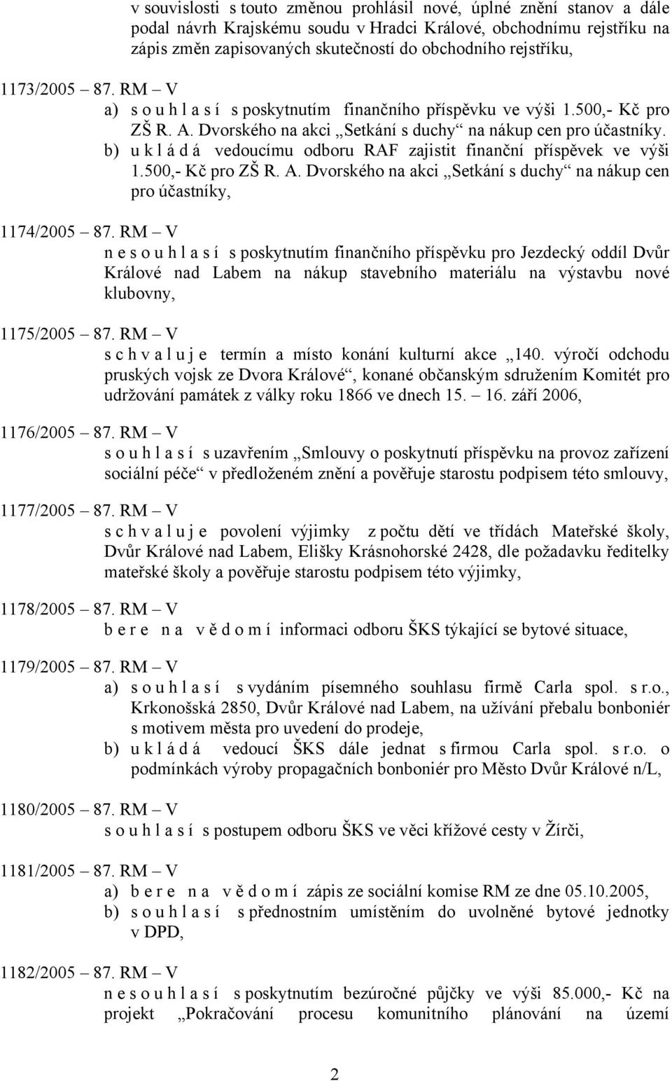 b) u k l á d á vedoucímu odboru RAF zajistit finanční příspěvek ve výši 1.500,- Kč pro ZŠ R. A. Dvorského na akci Setkání s duchy na nákup cen pro účastníky, 1174/2005 87.