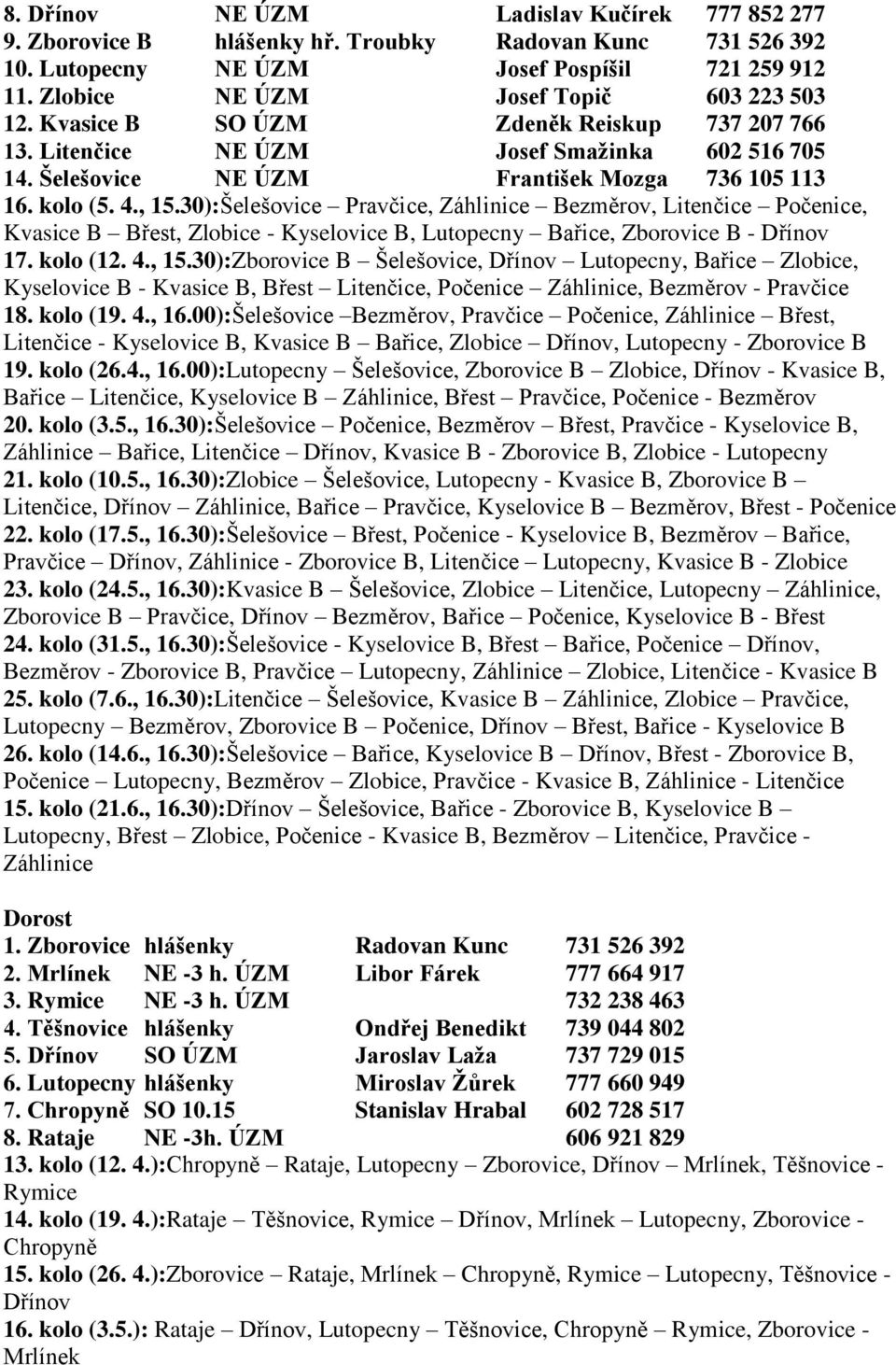 , 15.30):Šelešovice Pravčice, Záhlinice Bezměrov, Litenčice Počenice, Kvasice B Břest, Zlobice - Kyselovice B, Lutopecny Bařice, Zborovice B - Dřínov 17. kolo (12. 4., 15.30):Zborovice B Šelešovice, Dřínov Lutopecny, Bařice Zlobice, Kyselovice B - Kvasice B, Břest Litenčice, Počenice Záhlinice, Bezměrov - Pravčice 18.