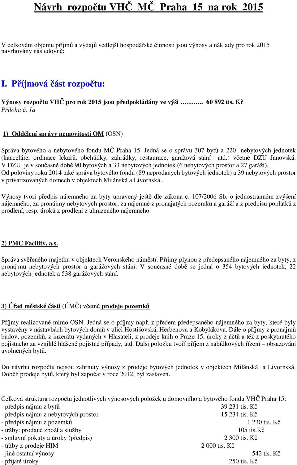 1a 1) Oddělení správy nemovitostí OM (OSN) Správa bytového a nebytového fondu MČ Praha 15.