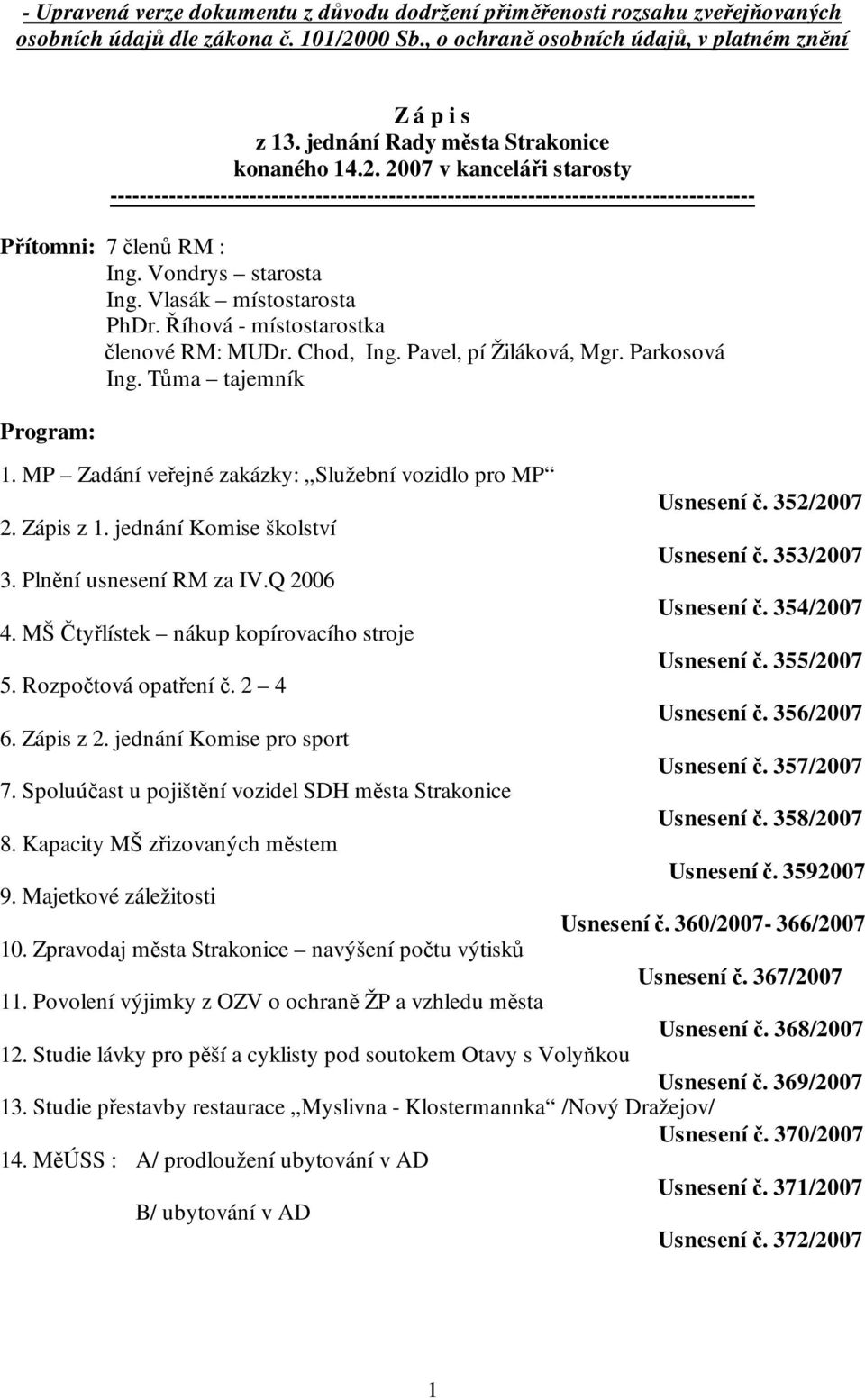 Vondrys starosta Ing. Vlasák místostarosta PhDr. Říhová - místostarostka členové RM: MUDr. Chod, Ing. Pavel, pí Žiláková, Mgr. Parkosová Ing. Tůma tajemník Program: 1.