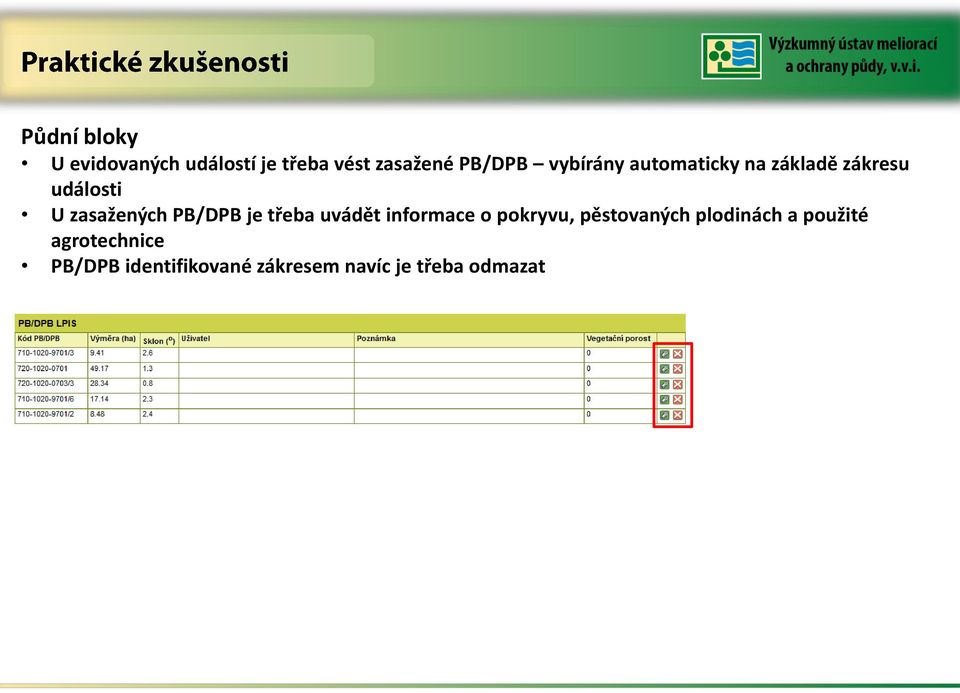 PB/DPB je třeba uvádět informace o pokryvu, pěstovaných plodinách a