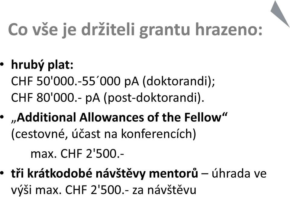 Additional Allowances of the Fellow (cestovné, účast na konferencích)