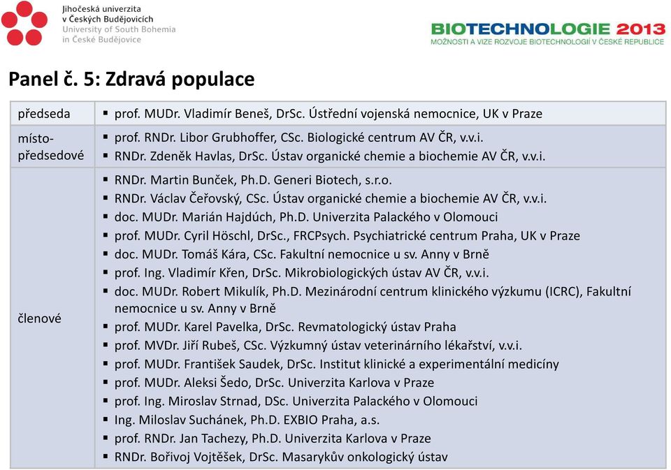 Marián Hajdúch, Ph.D. Univerzita Palackého v Olomouci prof. MUDr. Cyril Höschl, DrSc., FRCPsych. Psychiatrické centrum Praha, UK v Praze doc. MUDr. Tomáš Kára, CSc. Fakultní nemocnice u sv.