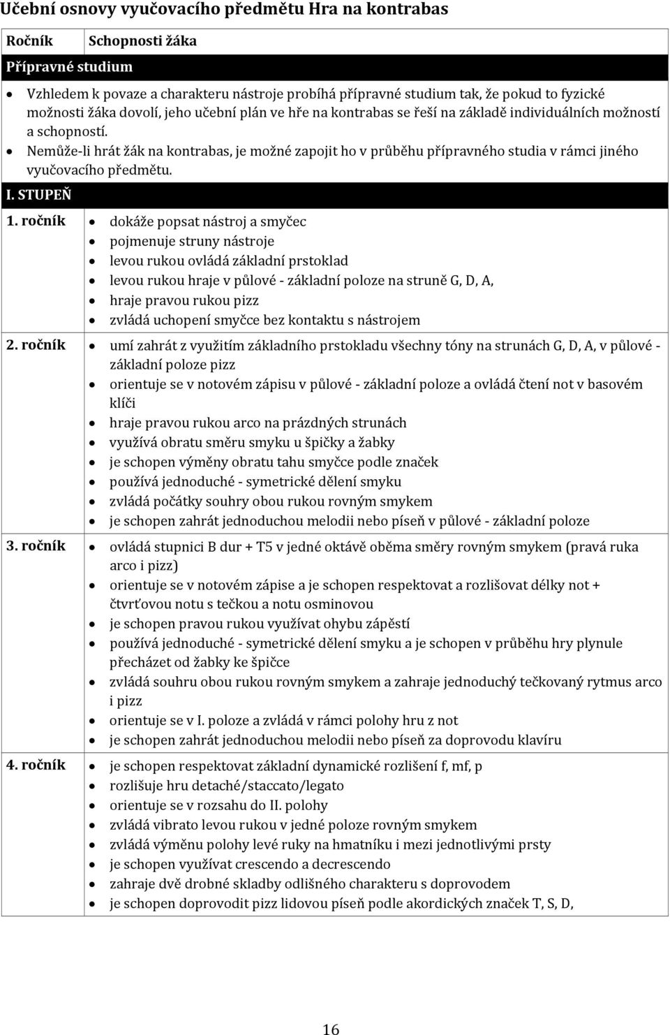 Nemůže li hrát žák na kontrabas, je možné zapojit ho v průběhu přípravného studia v rámci jiného vyučovacího předmětu. I. STUPEŇ 1.