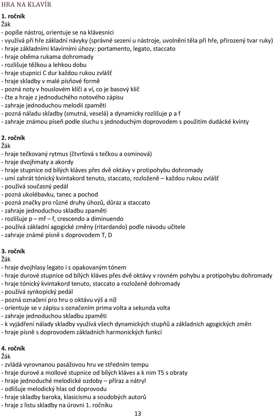 portamento, legato, staccato - hraje oběma rukama dohromady - rozlišuje těžkou a lehkou dobu - hraje stupnici C dur každou rukou zvlášť - hraje skladby v malé písňové formě - pozná noty v houslovém