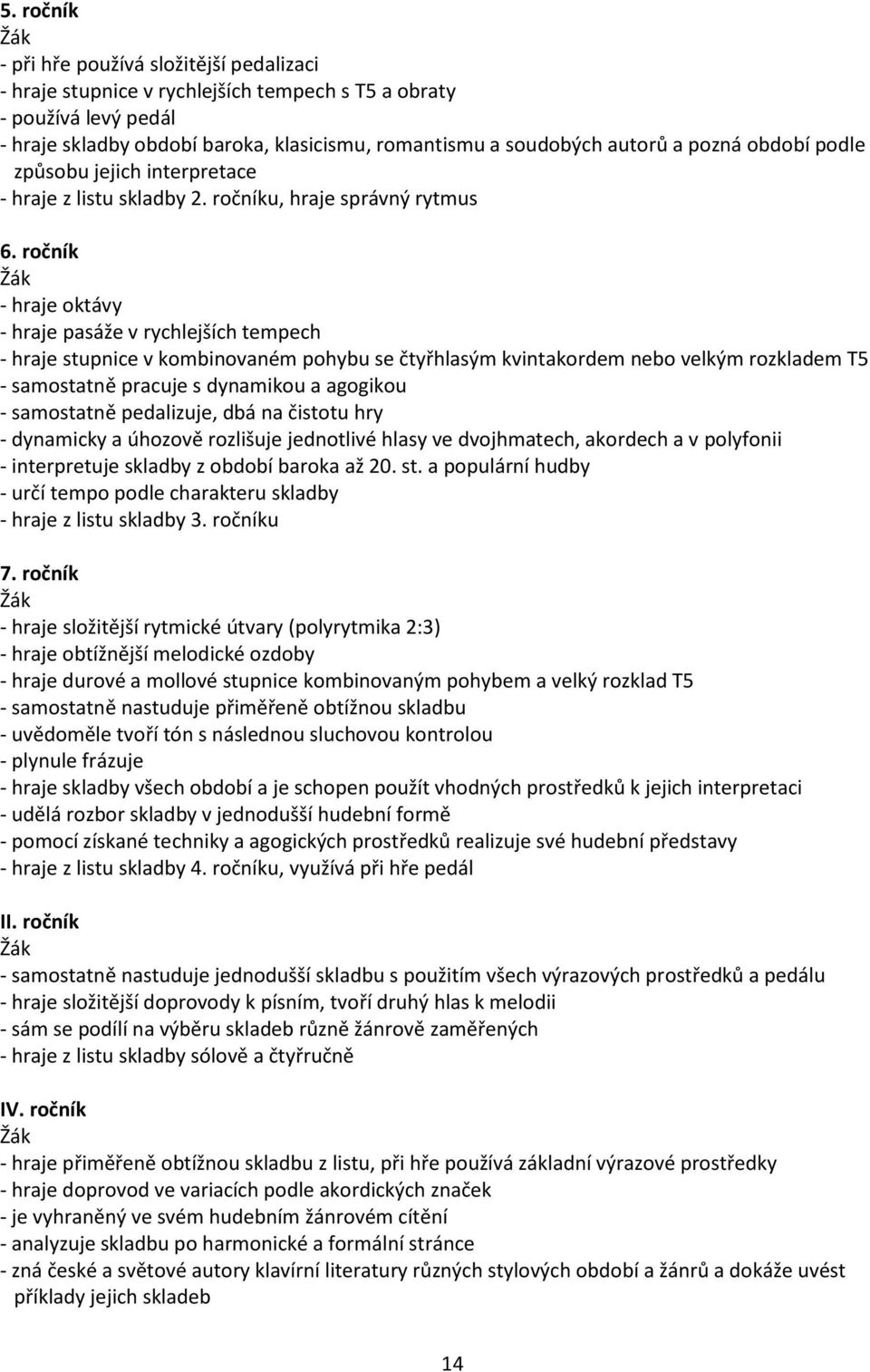 ročník - hraje oktávy - hraje pasáže v rychlejších tempech - hraje stupnice v kombinovaném pohybu se čtyřhlasým kvintakordem nebo velkým rozkladem T5 - samostatně pracuje s dynamikou a agogikou -