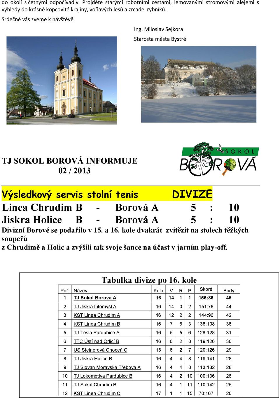 Miloslav Sejkora Starosta města Bystré TJ SOKOL BOROVÁ INFORMUJE / Výsledkový servis stolní tenis Linea Chrudim B Jiskra Holice B - DIVIZE : : Divizní Borové se podařilo v. a.