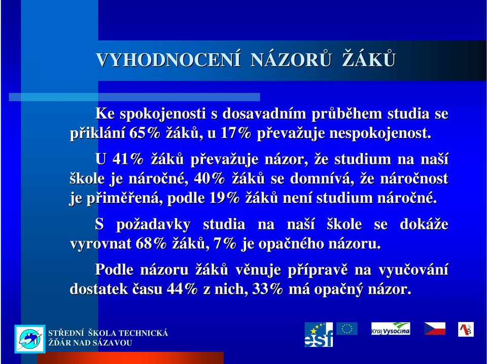 U 41% žáků převažuje názor, n že e studium na naší škole je náron ročné,, 40% žáků se domnívá, že e náron ročnost je přimp