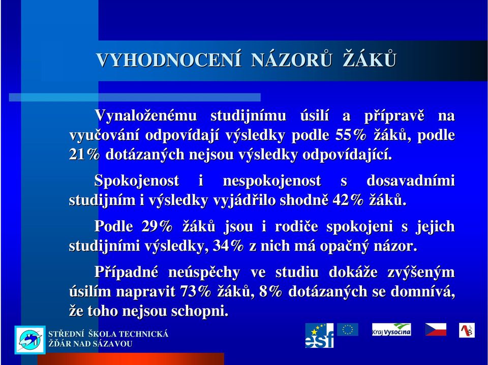 Spokojenost i nespokojenost s dosavadními studijním m i výsledky vyjádřilo shodně 42% žáků.