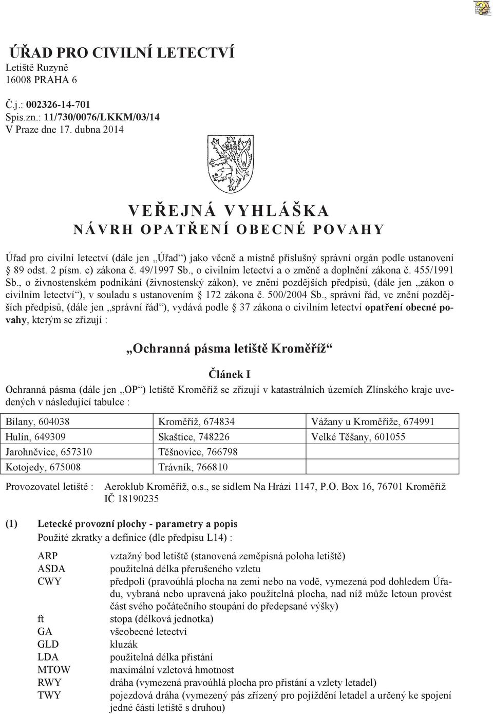 , o civilním letectví a o zmn a doplnní zákona. 455/1991 Sb.