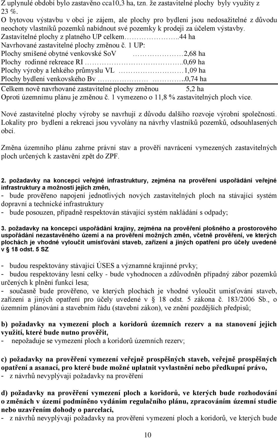 Zastavitelné plochy z platného UP celkem..44 ha Navrhované zastavitelné plochy změnou č. 1 UP: Plochy smíšené obytné venkovské SoV 2,68 ha Plochy rodinné rekreace RI.