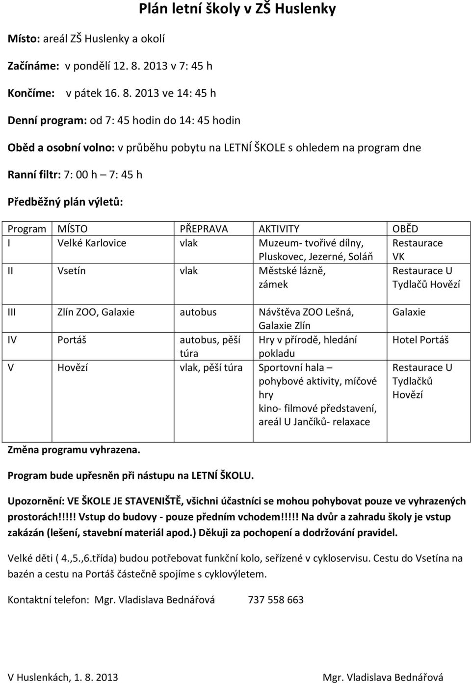 2013 ve 14: 45 h Denní program: od 7: 45 hodin do 14: 45 hodin Oběd a osobní volno: v průběhu pobytu na LETNÍ ŠKOLE s ohledem na program dne Ranní filtr: 7: 00 h 7: 45 h Předběžný plán výletů: