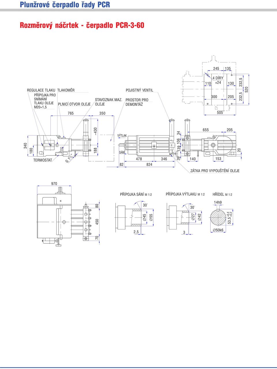 OLEJE POJISTNÝ VENTIL PROSTOR PRO DEMONTÁŽ 300 205 505 232,5 520 340 180 TERMOSTAT G 1 1 / 2 188 ~430 VÝTLAK SÁNÍ 82 478