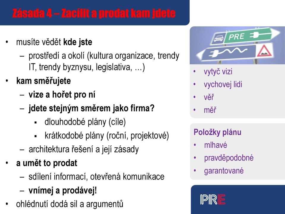 dlouhodobé plány (cíle) krátkodobé plány (roční, projektové) architektura řešení a její zásady a umět to prodat sdílení