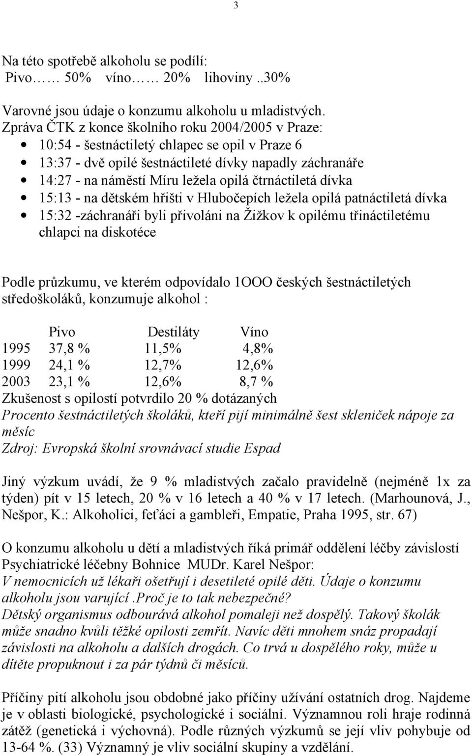 čtrnáctiletá dívka 15:13 - na dětském hřišti v Hlubočepích ležela opilá patnáctiletá dívka 15:32 -záchranáři byli přivoláni na Žižkov k opilému třináctiletému chlapci na diskotéce Podle průzkumu, ve