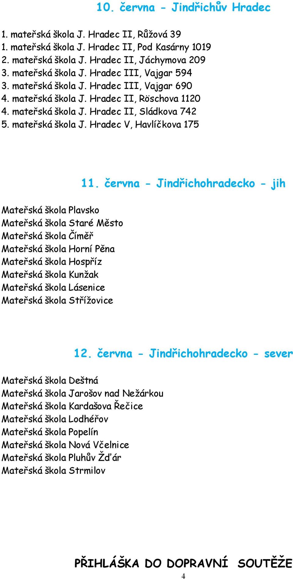 června - Jindřichohradecko - jih Mateřská škola Plavsko Mateřská škola Staré Město Mateřská škola Číměř Mateřská škola Horní Pěna Mateřská škola Hospříz Mateřská škola Kunžak Mateřská škola Lásenice