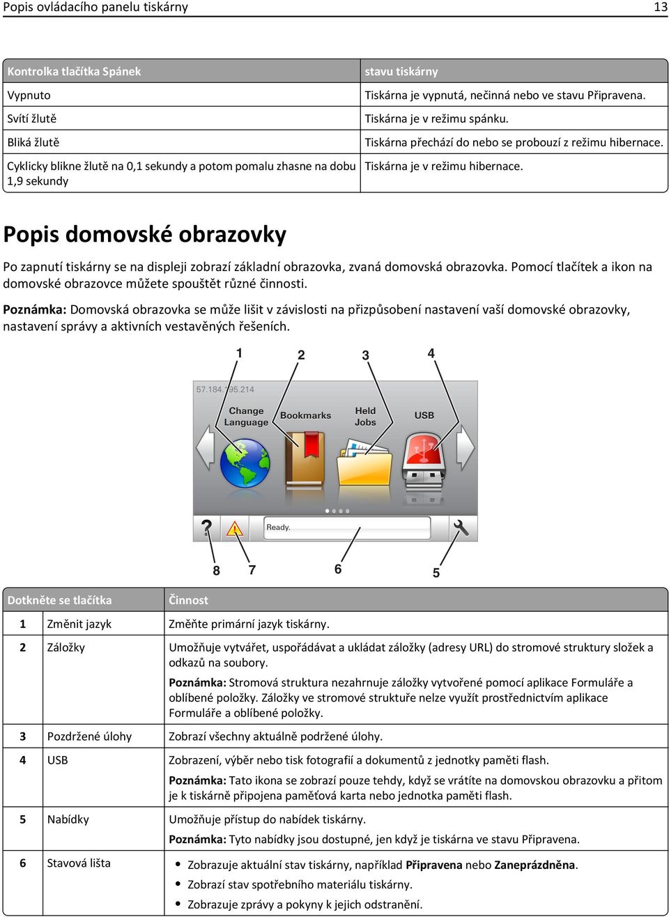 Popis domovské obrazovky Po zapnutí tiskárny se na displeji zobrazí základní obrazovka, zvaná domovská obrazovka. Pomocí tlačítek a ikon na domovské obrazovce můžete spouštět různé činnosti.