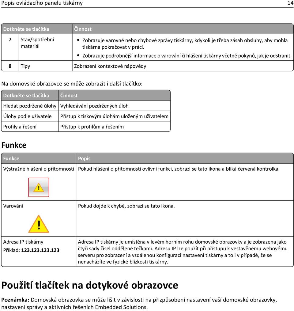 8 Tipy Zobrazení kontextové nápovědy Na domovské obrazovce se může zobrazit i další tlačítko: Dotkněte se tlačítka Hledat pozdržené úlohy Úlohy podle uživatele Profily a řešení Činnost Vyhledávání