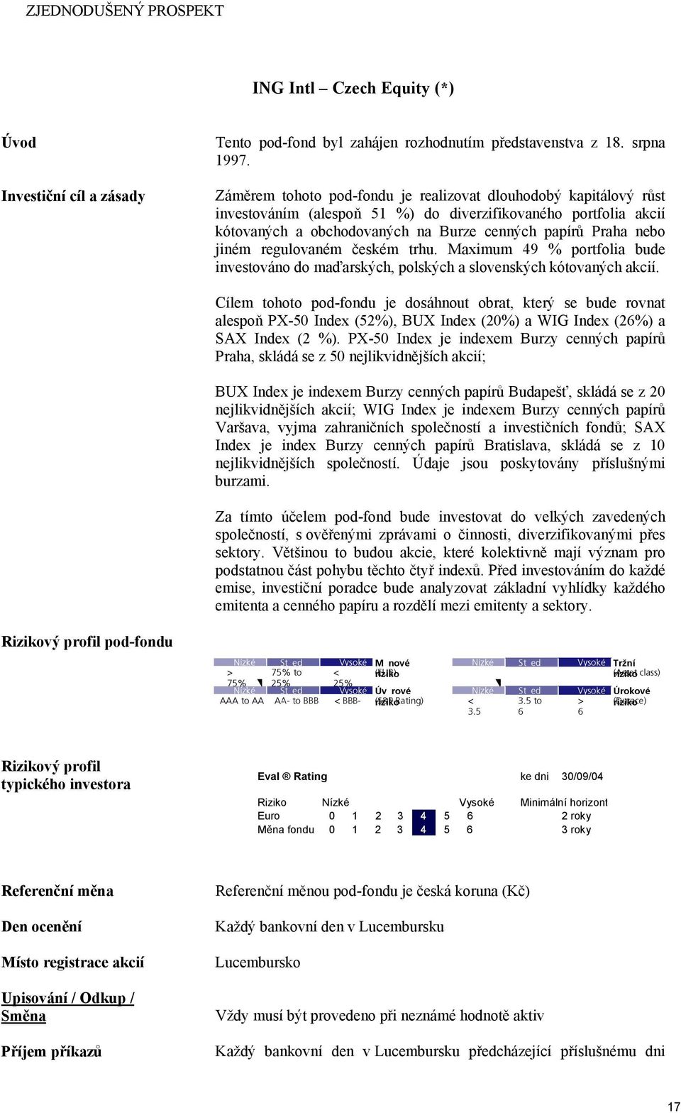 regulovaném českém trhu. Maximum 49 % portfolia bude investováno do maďarských, polských a slovenských kótovaných akcií.