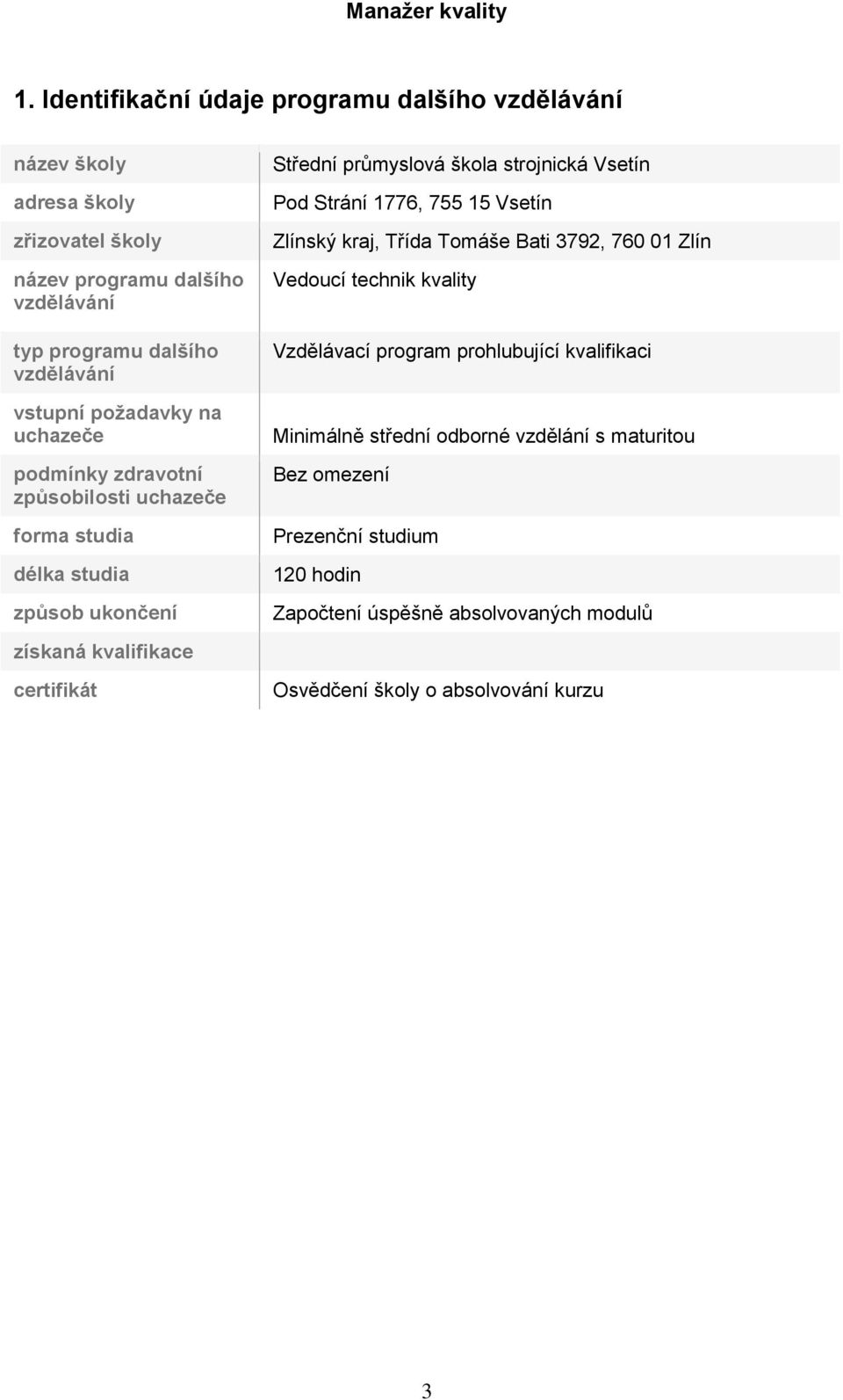 škola strojnická Vsetín Pod Strání 1776, 755 15 Vsetín Zlínský kraj, Třída Tomáše Bati 3792, 760 01 Zlín Vedoucí technik kvality Vzdělávací program prohlubující