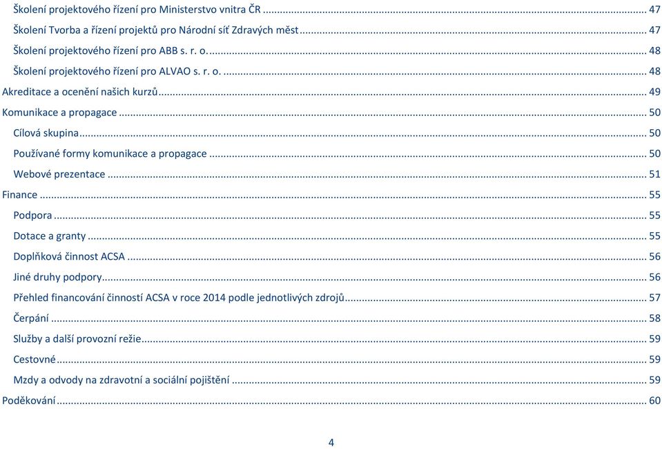 .. 50 Používané formy komunikace a propagace... 50 Webové prezentace... 51 Finance... 55 Podpora... 55 Dotace a granty... 55 Doplňková činnost ACSA... 56 Jiné druhy podpory.