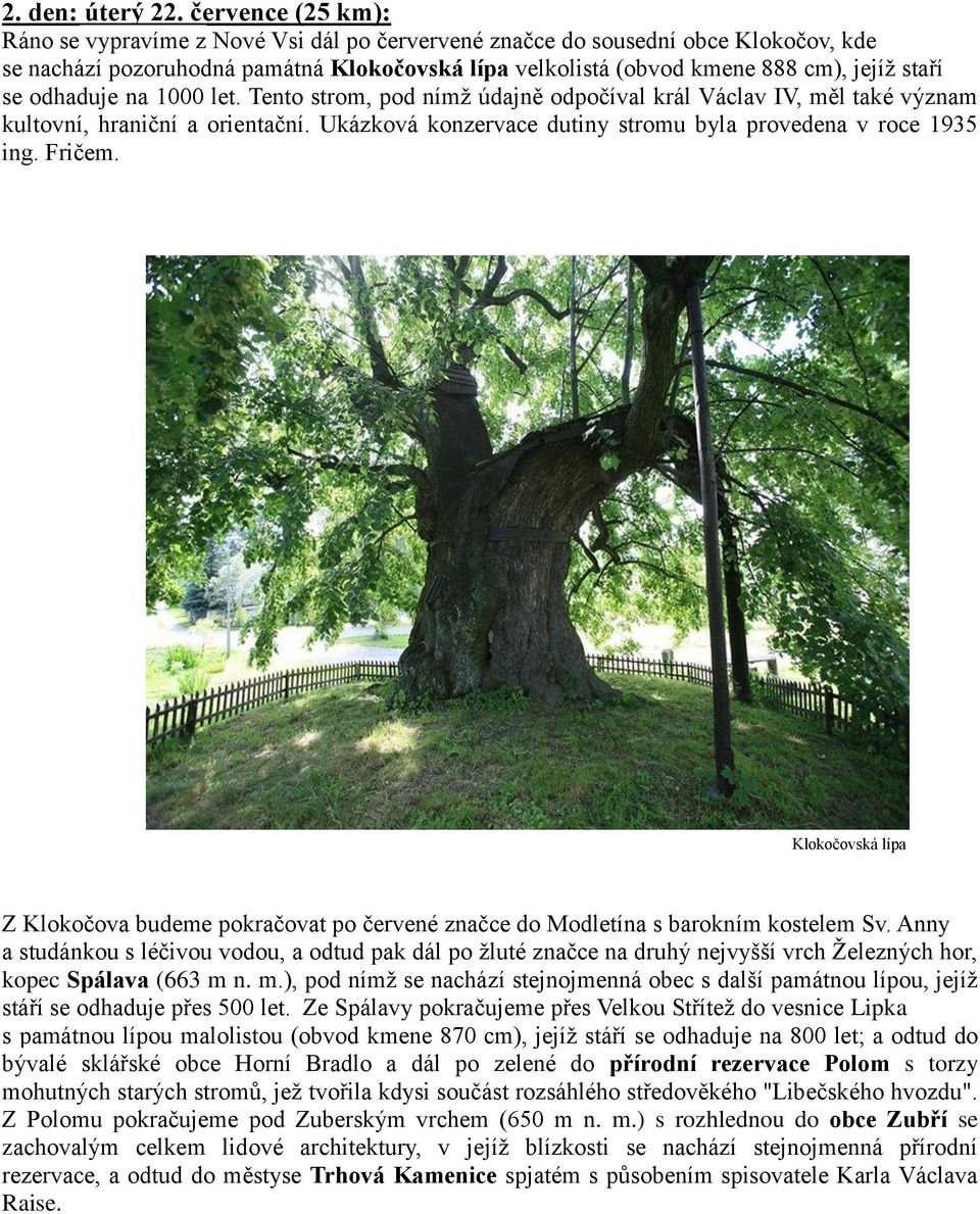 odhaduje na 1000 let. Tento strom, pod nímž údajně odpočíval král Václav IV, měl také význam kultovní, hraniční a orientační. Ukázková konzervace dutiny stromu byla provedena v roce 1935 ing. Fričem.