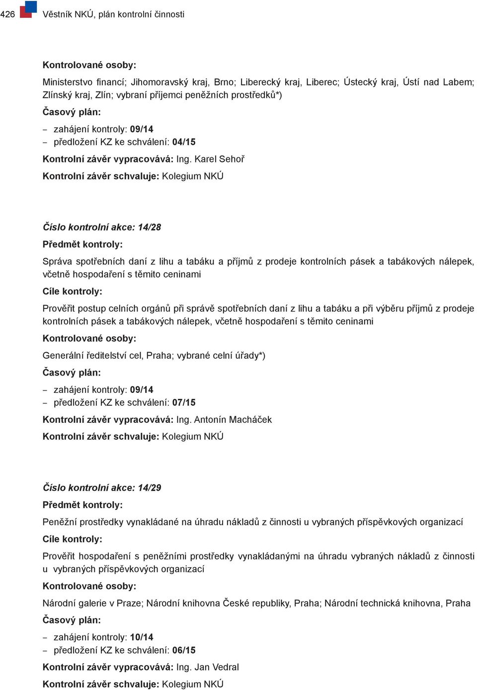 Karel Sehoř Kontrolní závěr schvaluje: Kolegium NKÚ Číslo kontrolní akce: 14/28 Předmět kontroly: Správa spotřebních daní z lihu a tabáku a příjmů z prodeje kontrolních pásek a tabákových nálepek,