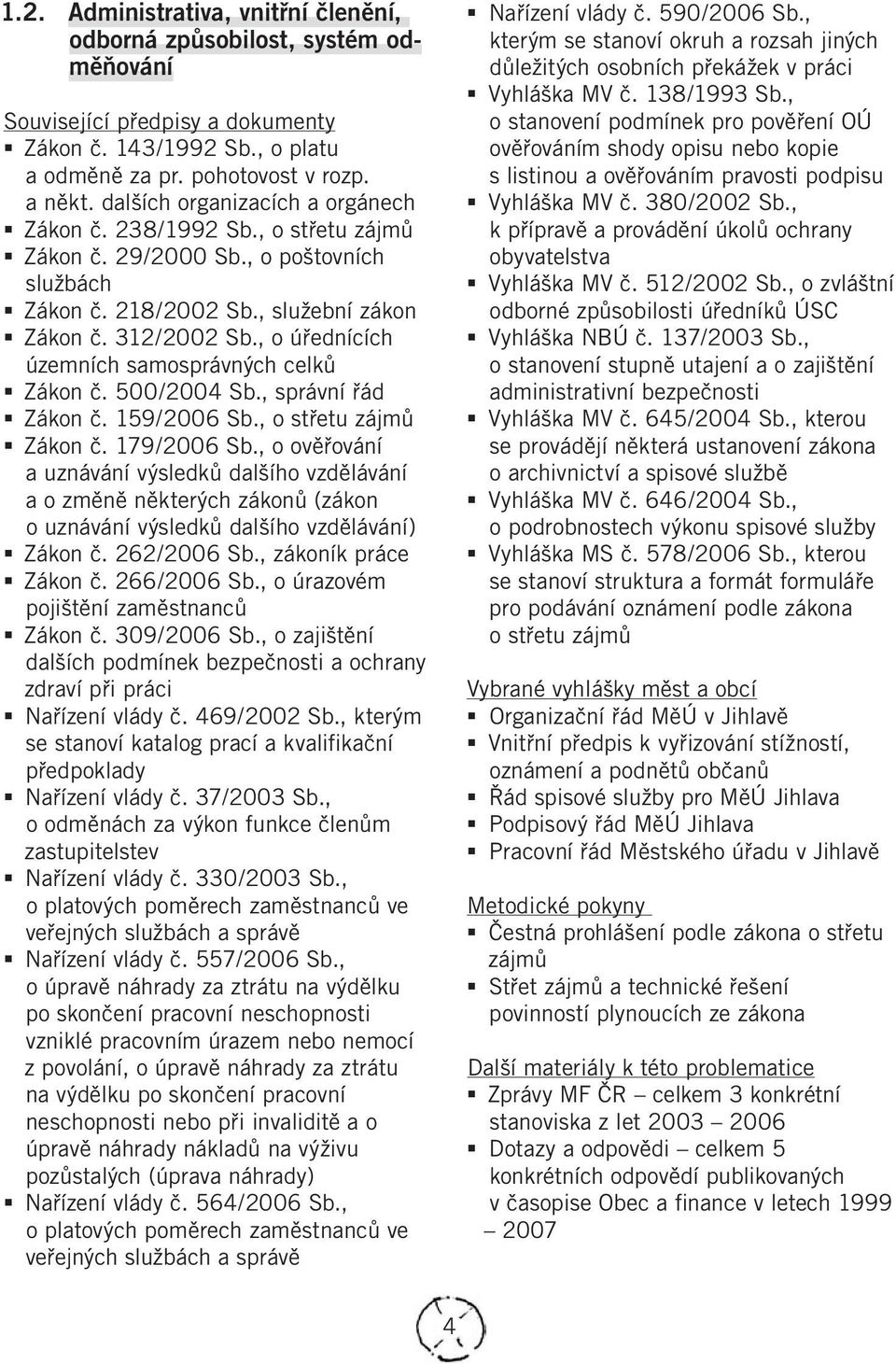 , správní řád Zákon č. 159/2006 Sb., o střetu zájmů Zákon č. 179/2006 Sb.