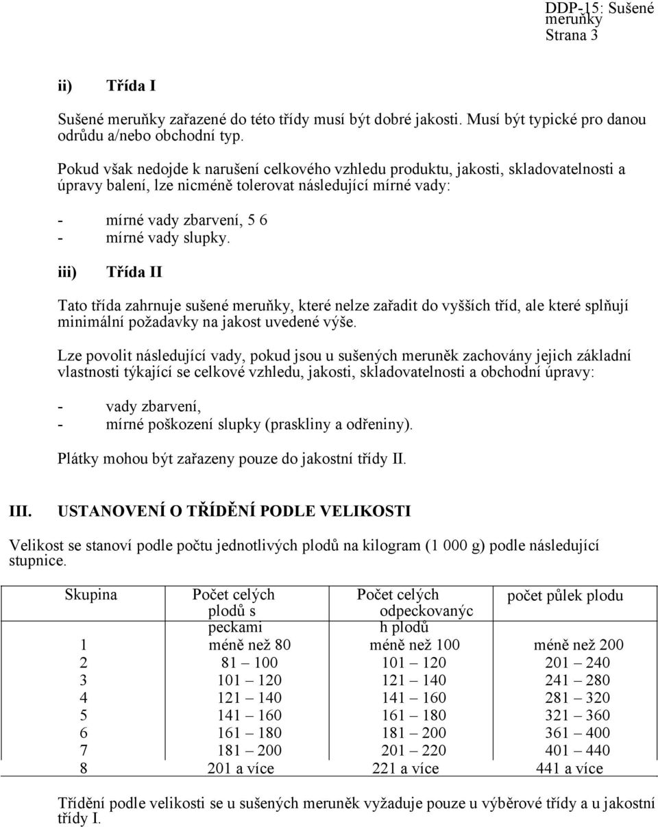 iii) Třída II Tato třída zahrnuje sušené meruňky, které nelze zařadit do vyšších tříd, ale které splňují minimální požadavky na jakost uvedené výše.