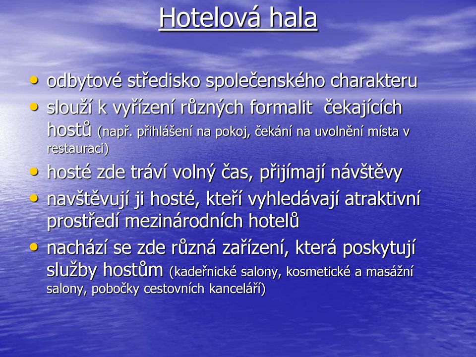 přihlášení na pokoj, čekání na uvolnění místa v restauraci) hosté zde tráví volný čas, přijímají návštěvy