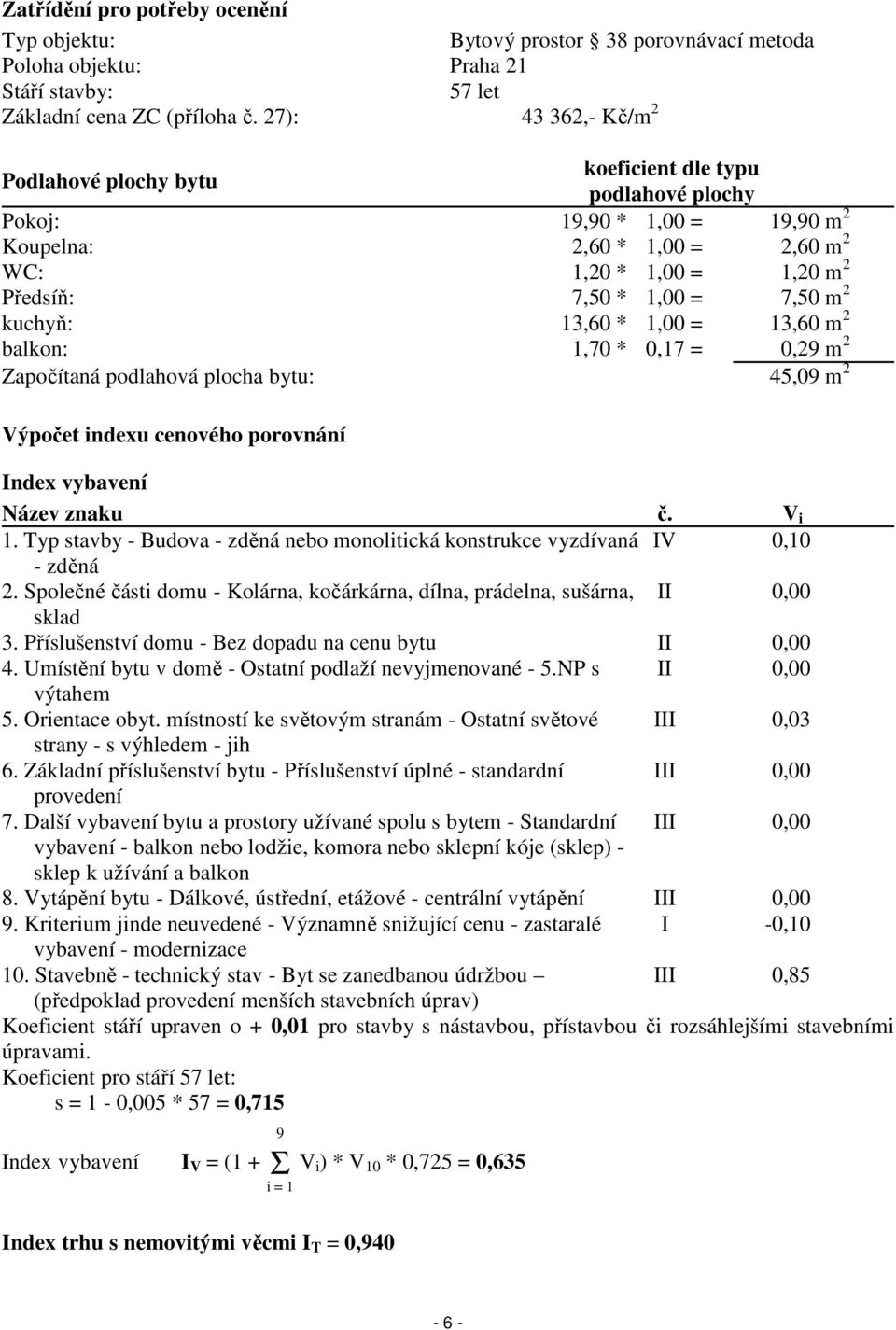 m 2 kuchyň: 13,60 * 1,00 = 13,60 m 2 balkon: 1,70 * 0,17 = 0,29 m 2 Započítaná podlahová plocha bytu: 45,09 m 2 Výpočet indexu cenového porovnání Index vybavení Název znaku č. V i 1.