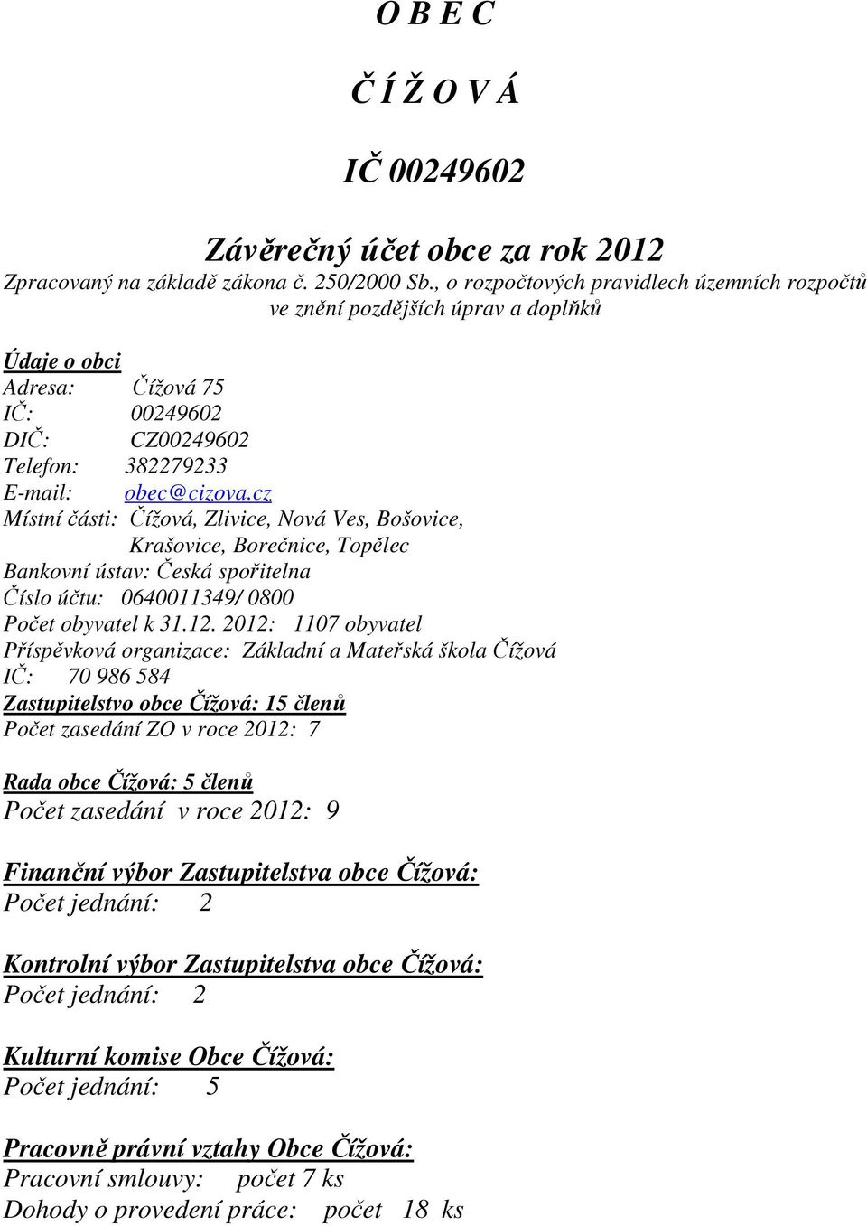 cz Místní části: Čížová, Zlivice, Nová Ves, Bošovice, Krašovice, Borečnice, Topělec Bankovní ústav: Česká spořitelna Číslo účtu: 0640011349/ 0800 Počet obyvatel k 31.12.