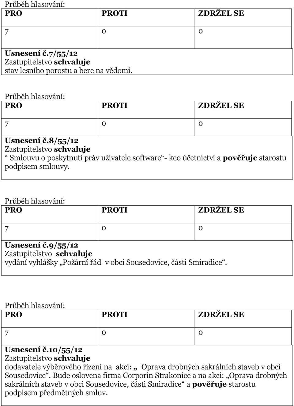 9/55/12 vydání vyhlášky Požární řád v obci Sousedovice, části Smiradice. Usnesení č.