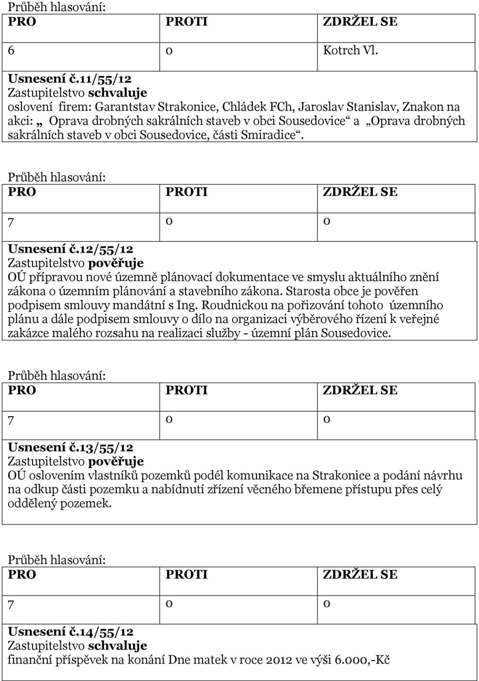 Sousedovice, části Smiradice. Usnesení č.12/55/12 Zastupitelstvo pověřuje OÚ přípravou nové územně plánovací dokumentace ve smyslu aktuálního znění zákona o územním plánování a stavebního zákona.