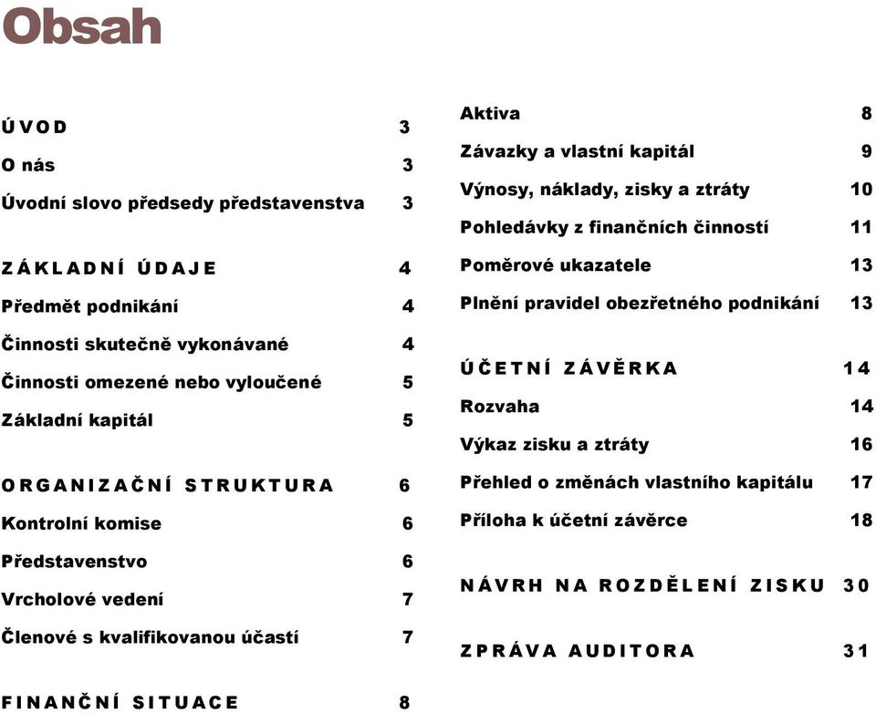 kapitál 9 Výnosy, náklady, zisky a ztráty 10 Pohledávky z finančních činností 11 Poměrové ukazatele 13 Plnění pravidel obezřetného podnikání 13 Ú Č E T N Í Z Á V Ě R K A 14 Rozvaha