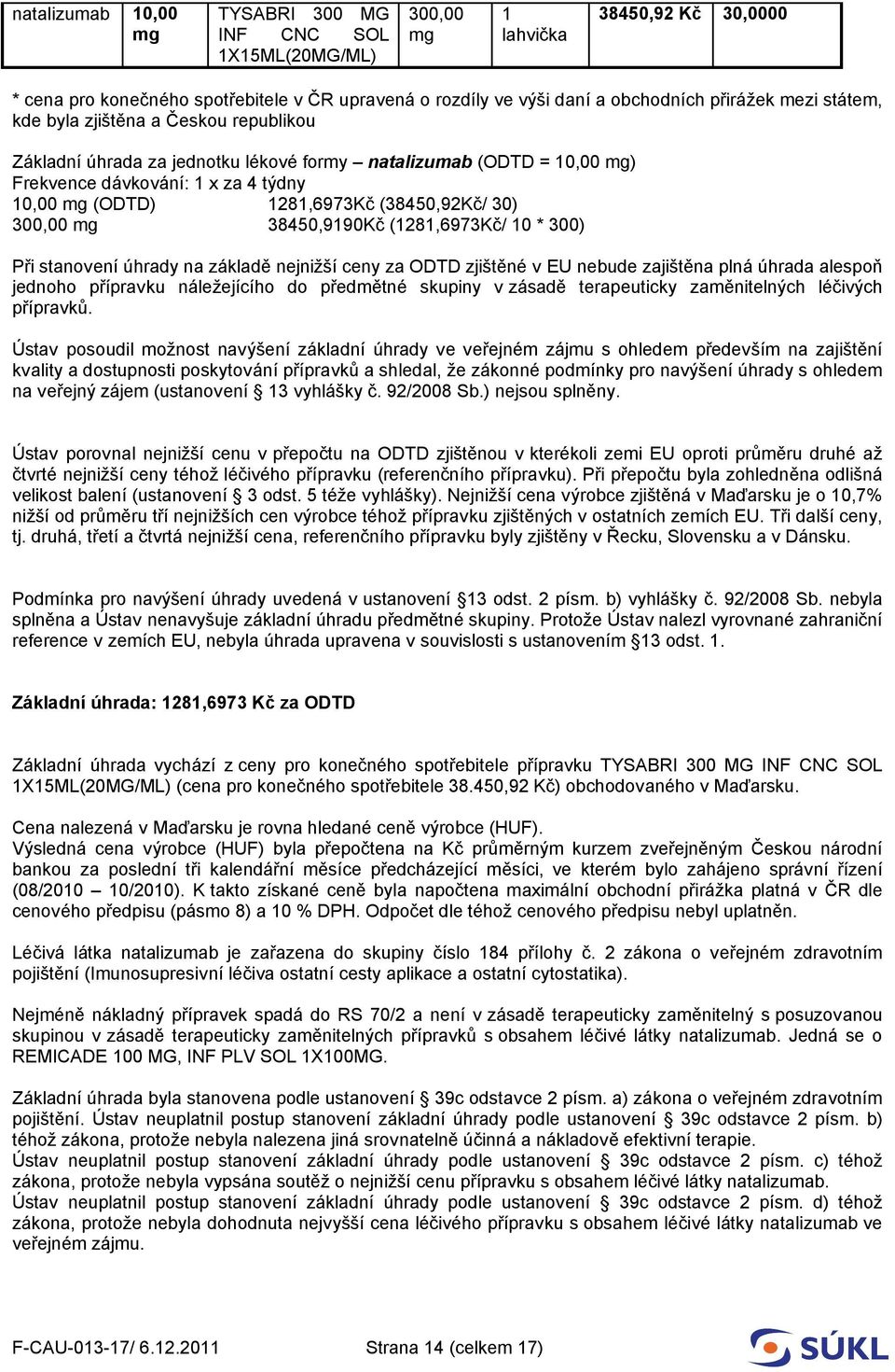 30) 300,00 mg 38450,9190Kč (1281,6973Kč/ 10 * 300) Při stanovení úhrady na základě nejnižší ceny za ODTD zjištěné v EU nebude zajištěna plná úhrada alespoň jednoho přípravku náležejícího do předmětné