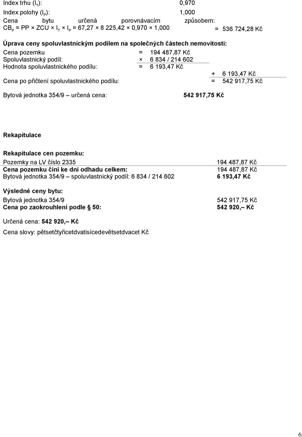 podílu: = 542 917,75 Kč Bytová jednotka 354/9 určená cena: 542 917,75 Kč Rekapitulace Rekapitulace cen pozemku: Pozemky na LV číslo 2335 Cena pozemku činí ke dni odhadu celkem: Bytová jednotka 354/9