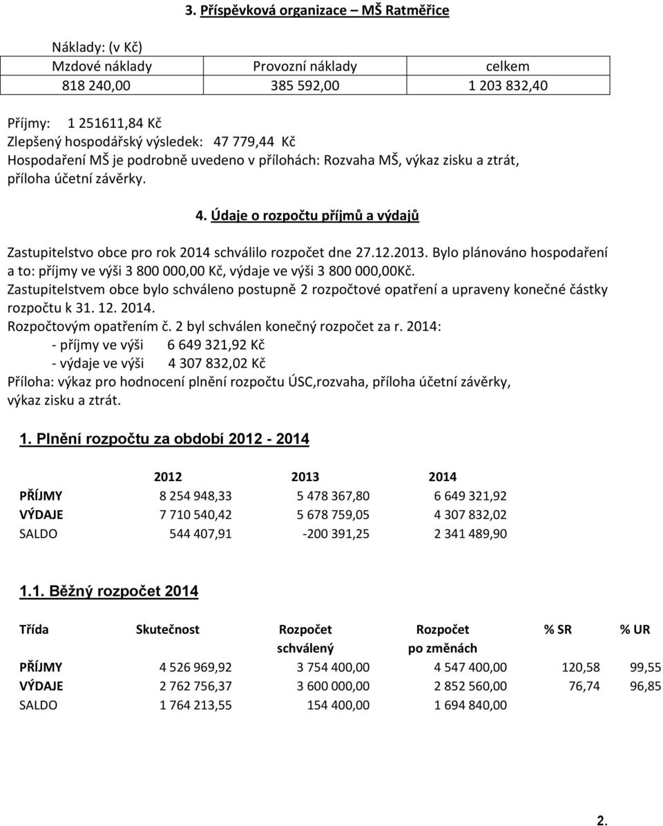 12.2013. Bylo plánováno hospodaření a to: příjmy ve výši 3 800 000,00 Kč, výdaje ve výši 3 800 000,00Kč.