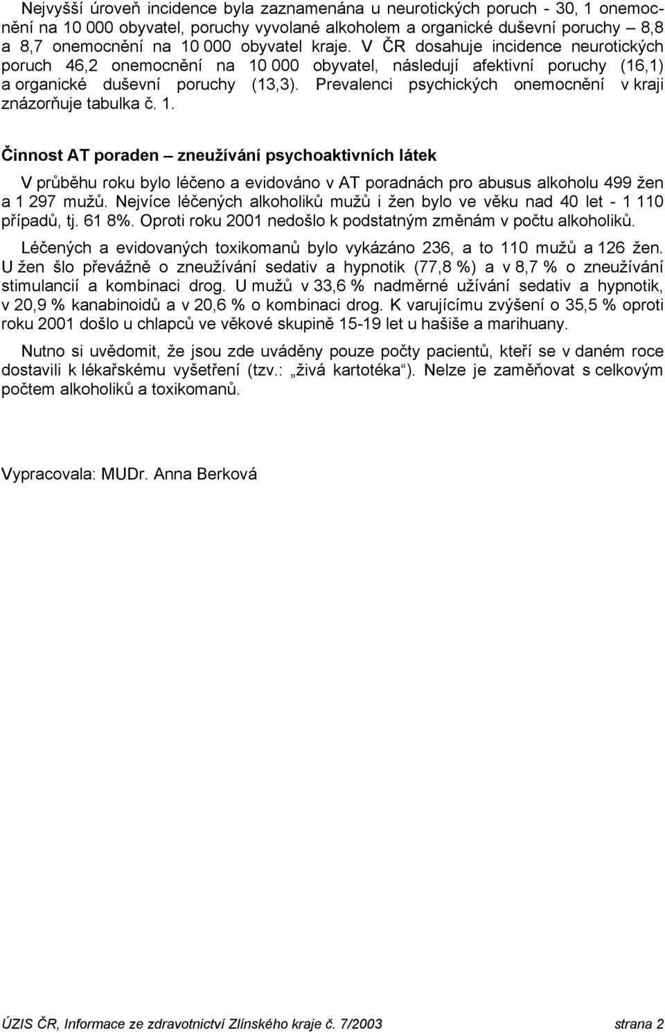 1. Činnost AT poraden zneužívání psychoaktivních látek V průběhu roku bylo léčeno a evidováno v AT poradnách pro abusus alkoholu 499 žen a 1 297 mužů.