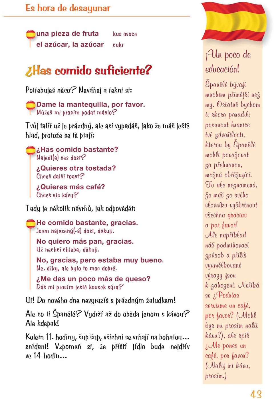 Chceš víc kávy? Tady je několik návrhů, jak odpovědět: He comido bastante, gracias. Jsem najezený(-á) dost, děkuji. No quiero más pan, gracias. Už nechci chleba, děkuji.