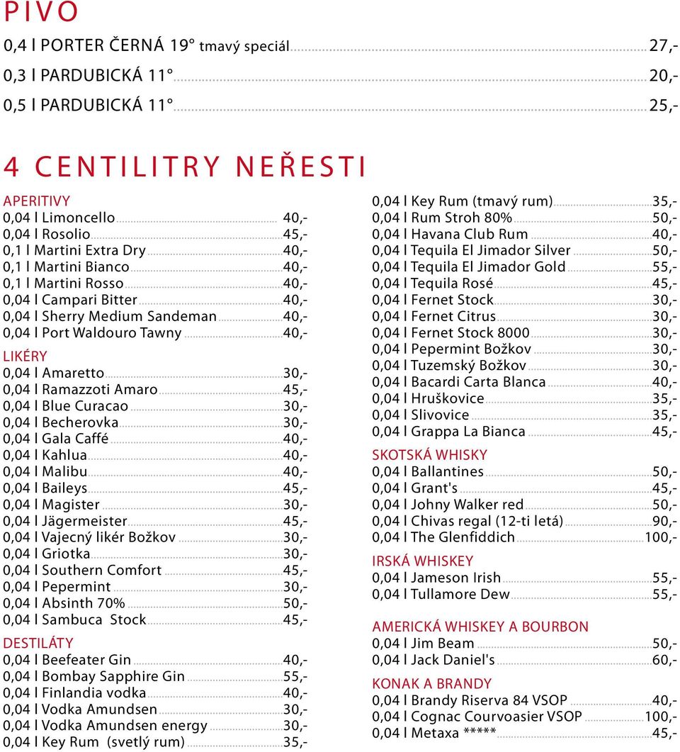 ..40,- LIKÉRY 0,04 l Amaretto...30,- 0,04 l Ramazzoti Amaro...45,- 0,04 l Blue Curacao...30,- 0,04 l Becherovka...30,- 0,04 l Gala Caffé...40,- 0,04 l Kahlua...40,- 0,04 l Malibu...40,- 0,04 l Baileys.