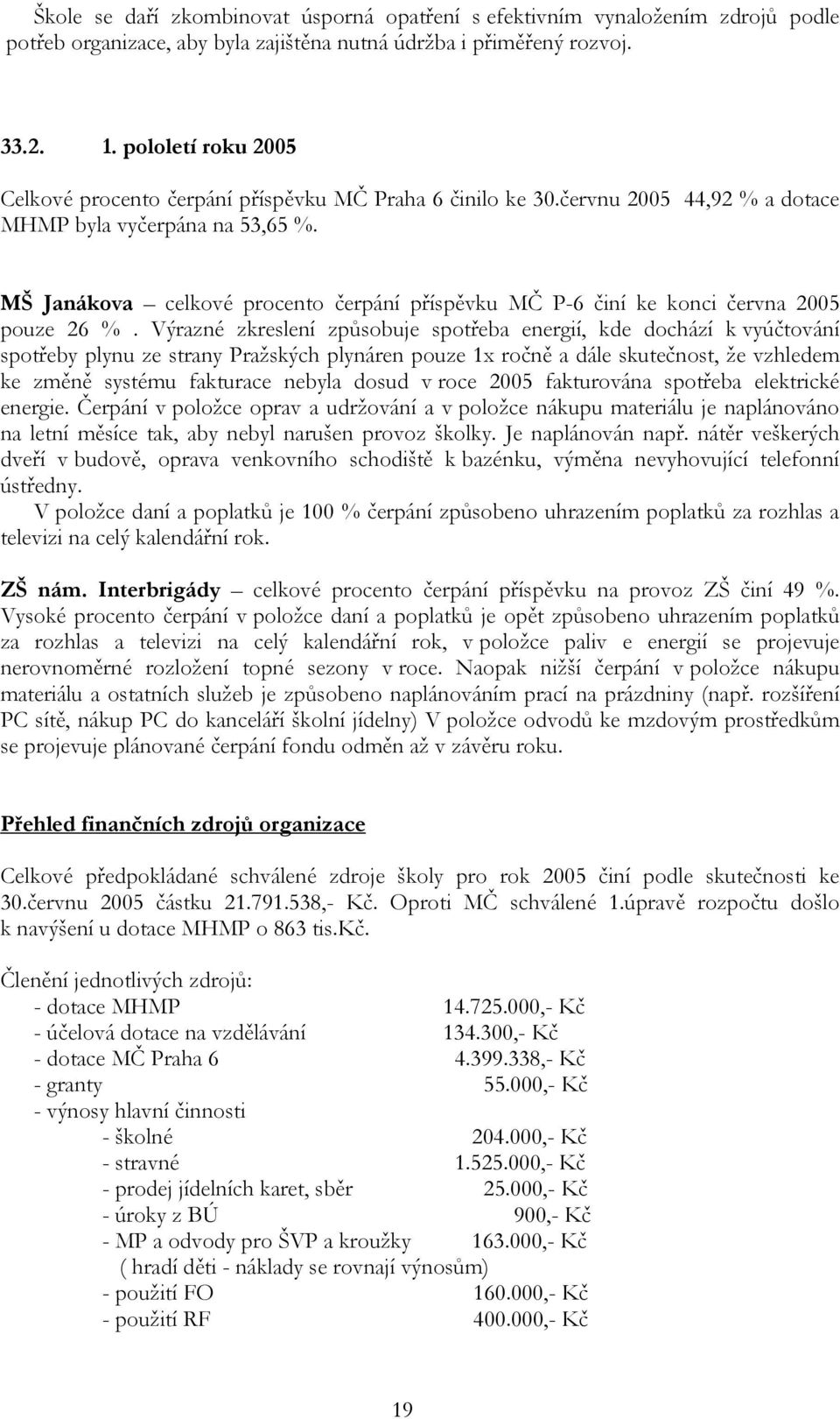 MŠ Janákova celkové procento čerpání příspěvku MČ P-6 činí ke konci června 2005 pouze 26 %.