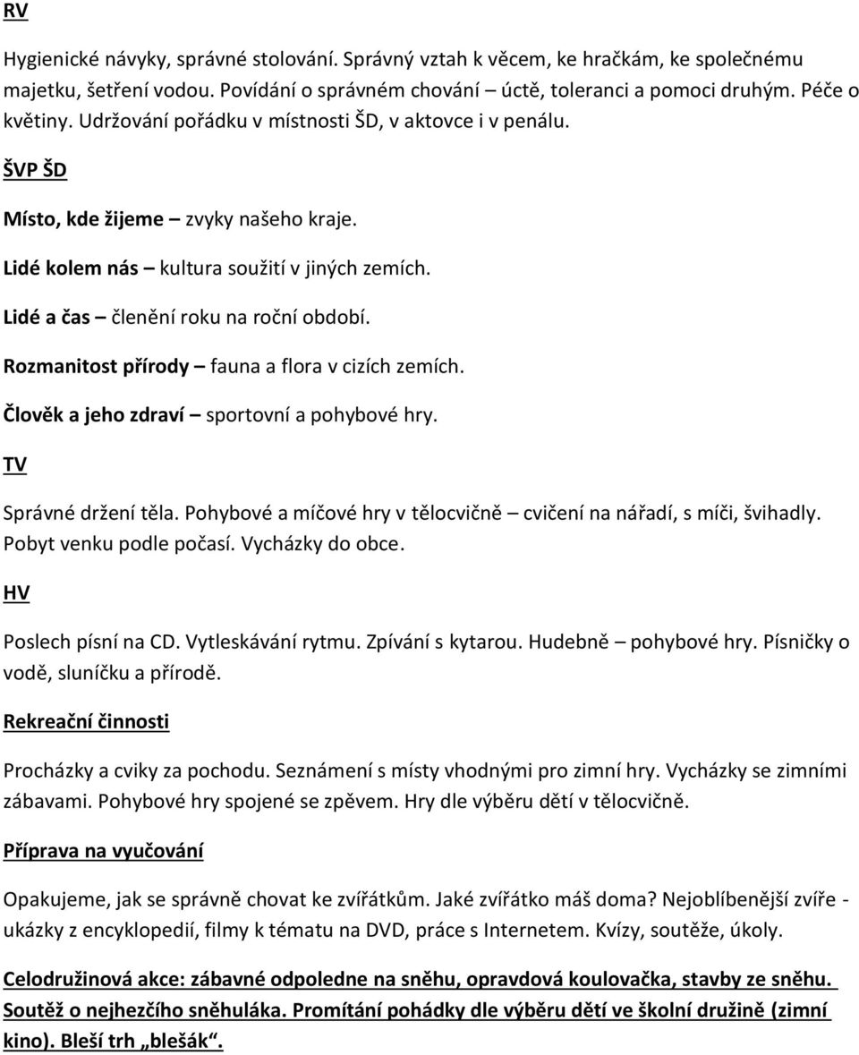 Rozmanitost přírody fauna a flora v cizích zemích. Člověk a jeho zdraví sportovní a pohybové hry. Správné držení těla. Pohybové a míčové hry v tělocvičně cvičení na nářadí, s míči, švihadly.