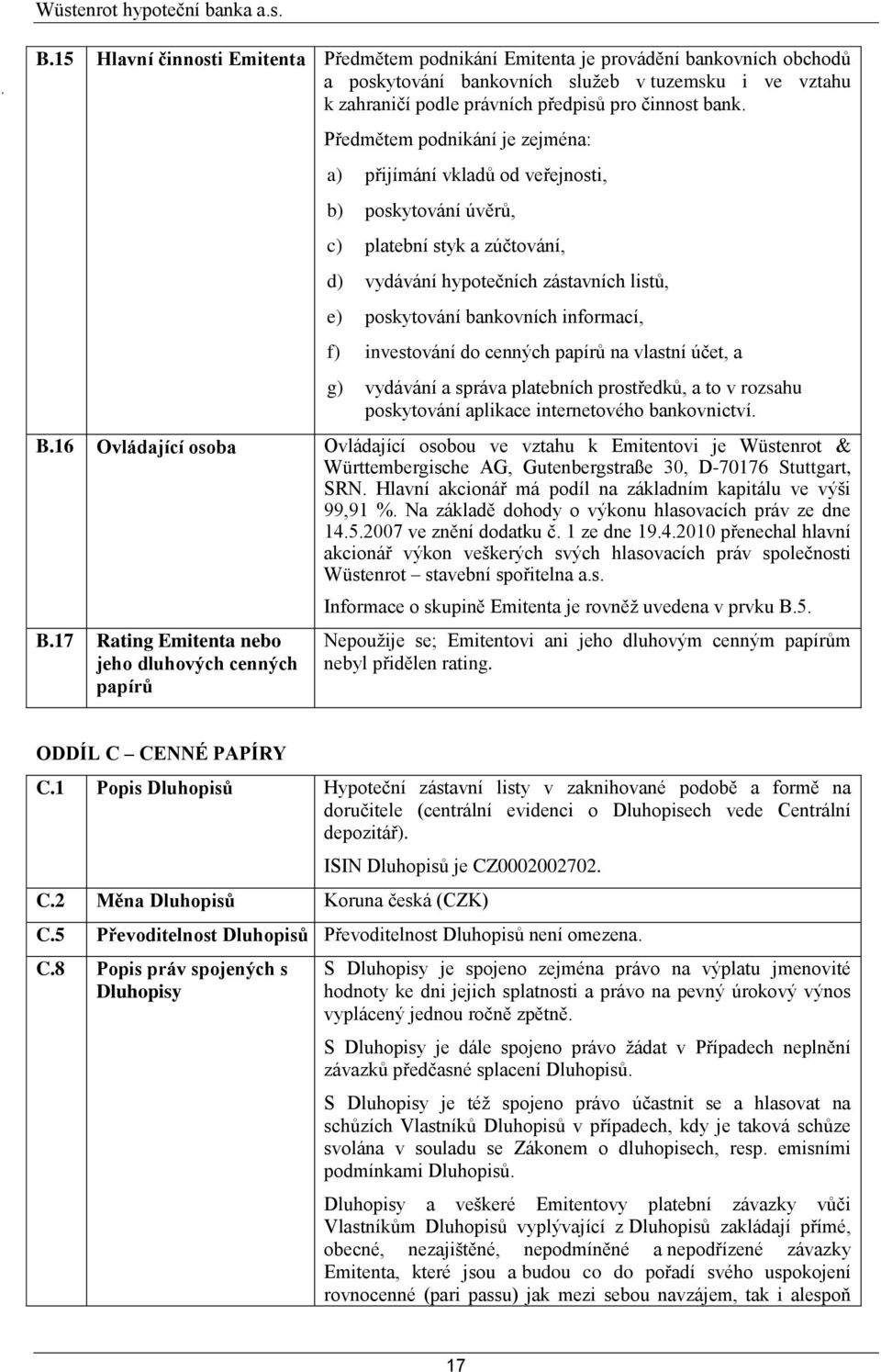 f) investování do cenných papírů na vlastní účet, a g) vydávání a správa platebních prostředků, a to v rozsahu poskytování aplikace internetového bankovnictví. B.