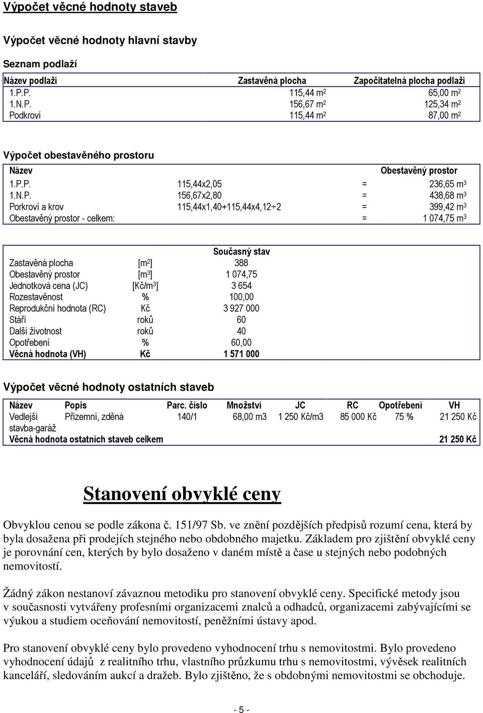 3 Porkroví a krov 115,44x1,40+115,44x4,12 2 = 399,42 m 3 Obestavěný prostor - celkem: = 1 074,75 m 3 Současný stav Zastavěná plocha [m 2 ] 388 Obestavěný prostor [m 3 ] 1 074,75 Jednotková cena (JC)