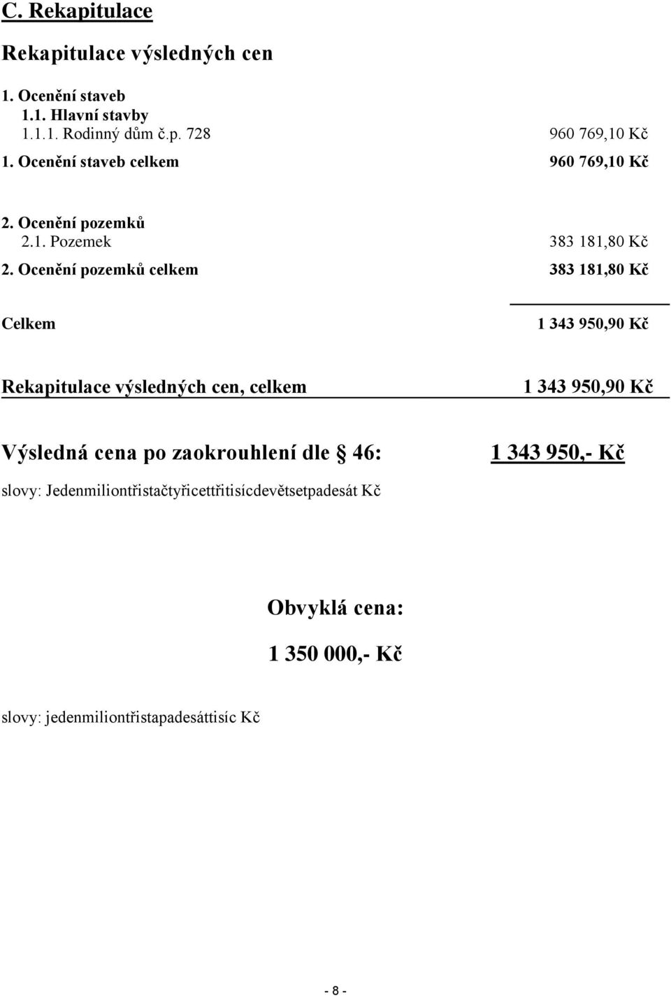 Ocenění pozemků celkem 383 181,80 Kč Celkem 1 343 950,90 Kč Rekapitulace výsledných cen, celkem 1 343 950,90 Kč Výsledná cena